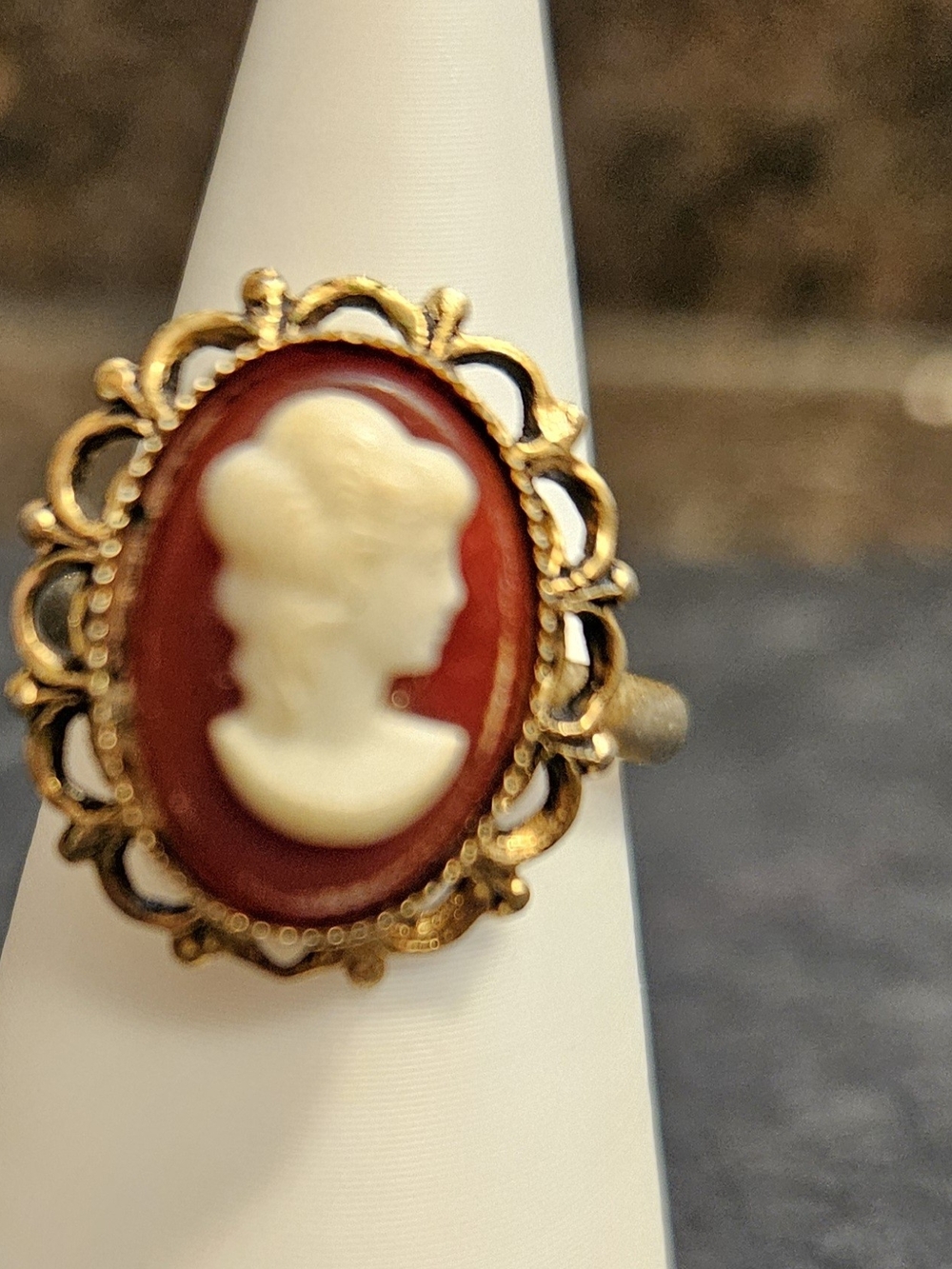 Vintage-Style Gold Cameo Ring with Red and Ivory Profile. Adjustable.